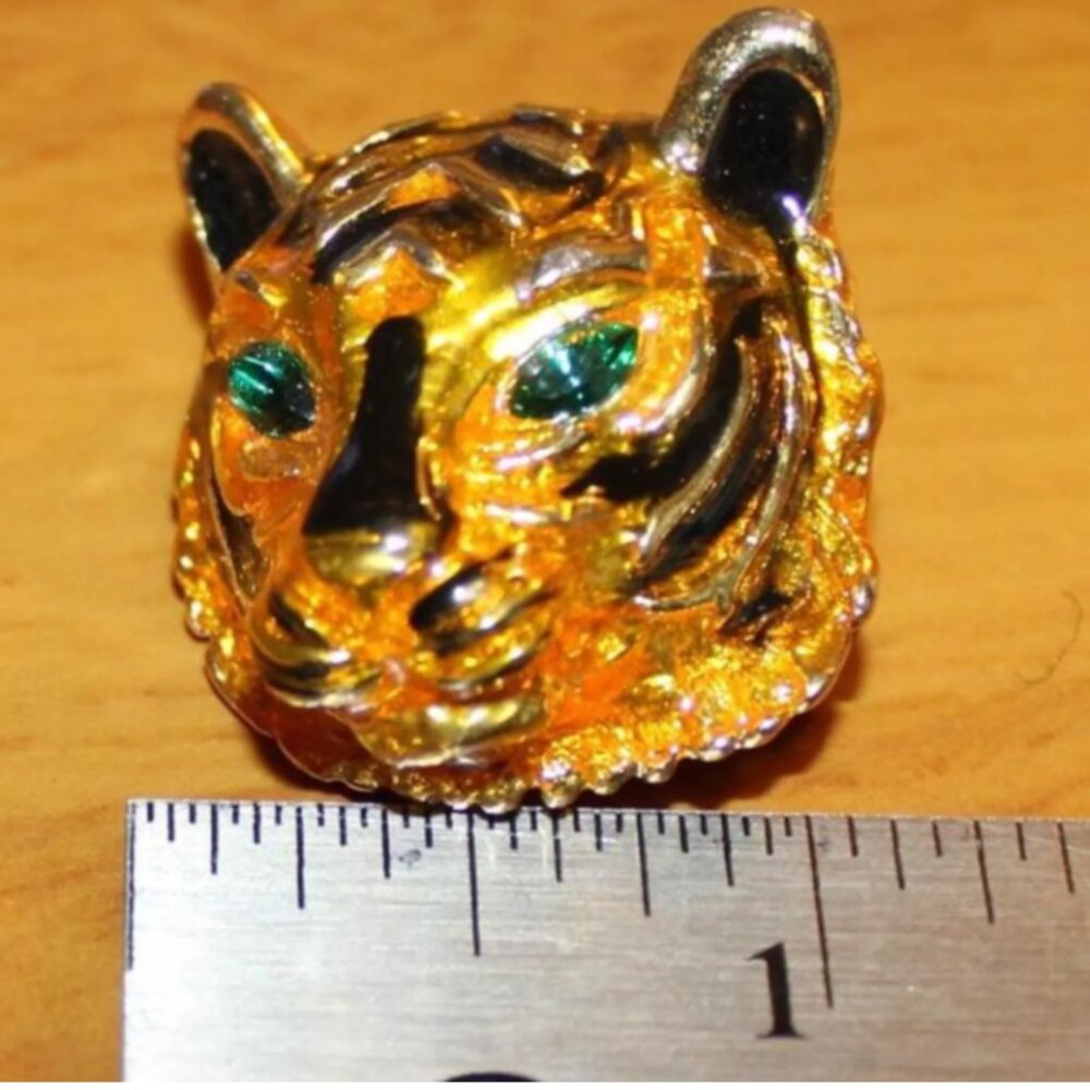 Tiger Head Pin Gold Tone Pin Enamel Rhinestone Animal Brooch Costume Jewelry